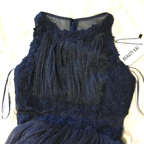 BEAUTY KAI Navy Floral Lace Long Formal Party Evening Gown Dress-Size S - Picture 4 of 8
